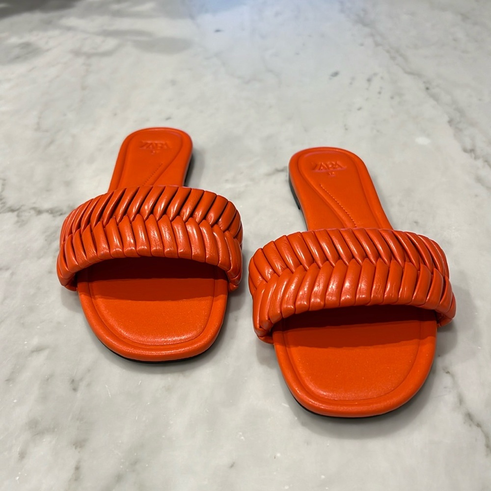 Zara orange flat sandals/slides